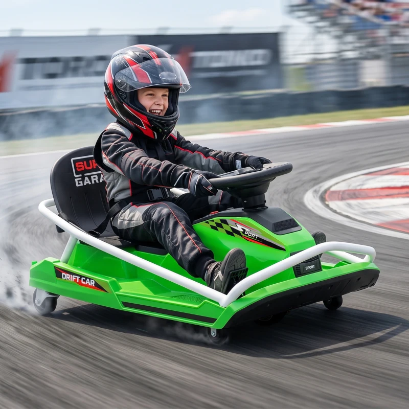 AIYAPLAY 24V Electric Go Kart for Kids with Drift Mode, 300W Brushless Motor, Soft Start and Dual Speed for Ages 6-10, Green