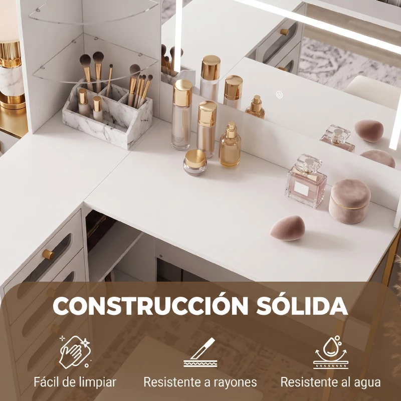 HOMCOM Tocador de Maquillaje con Espejo Luces LED Taburete 5 Cajones 2 Compartimentos y 2 Estantes de Cristal Blanco