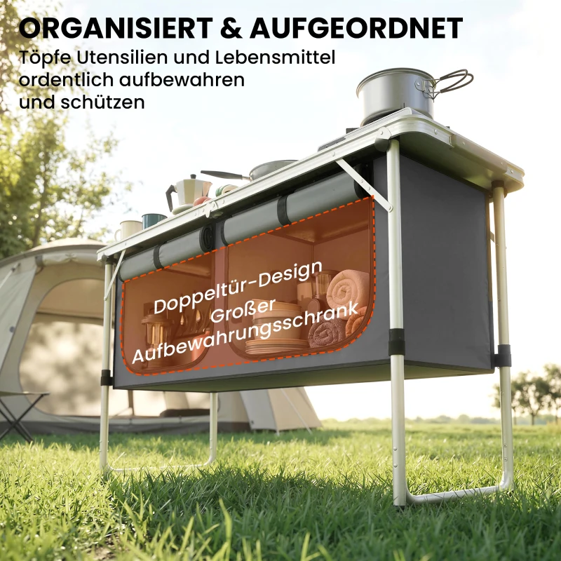Outsunny Campingkeuken opvouwbaar Campingkast met aluminium frame opbergruimte werkblad voor camping en reizen zilver