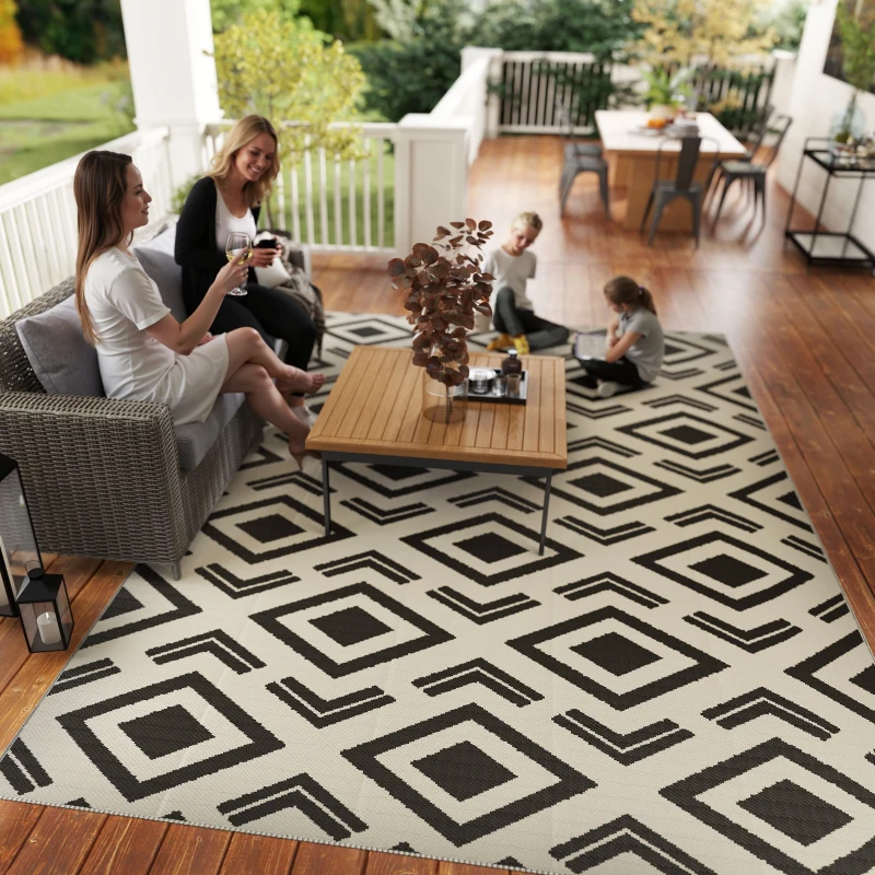 Outsunny Alfombra de Exterior Reversible 182x274 cm con Patrón Geométrico Impermeable con Bolsa Blanco y Negro