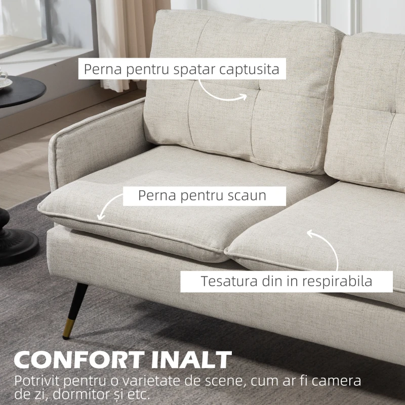 HOMCOM Divano 2 Posti in Tessuto Effetto Lino con Gambe in Acciaio e Cuscini Imbottiti, 139x68x80 cm, Bianco Crema
