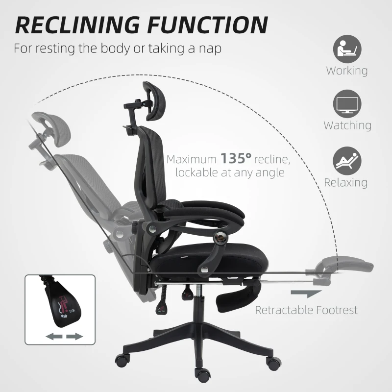 HOMCOM Chaise Bureau Ergonomique avec Appui-Tête Réglable, Fauteuil de Bureau Inclinable en Maille, Dossier Séparé, Noir