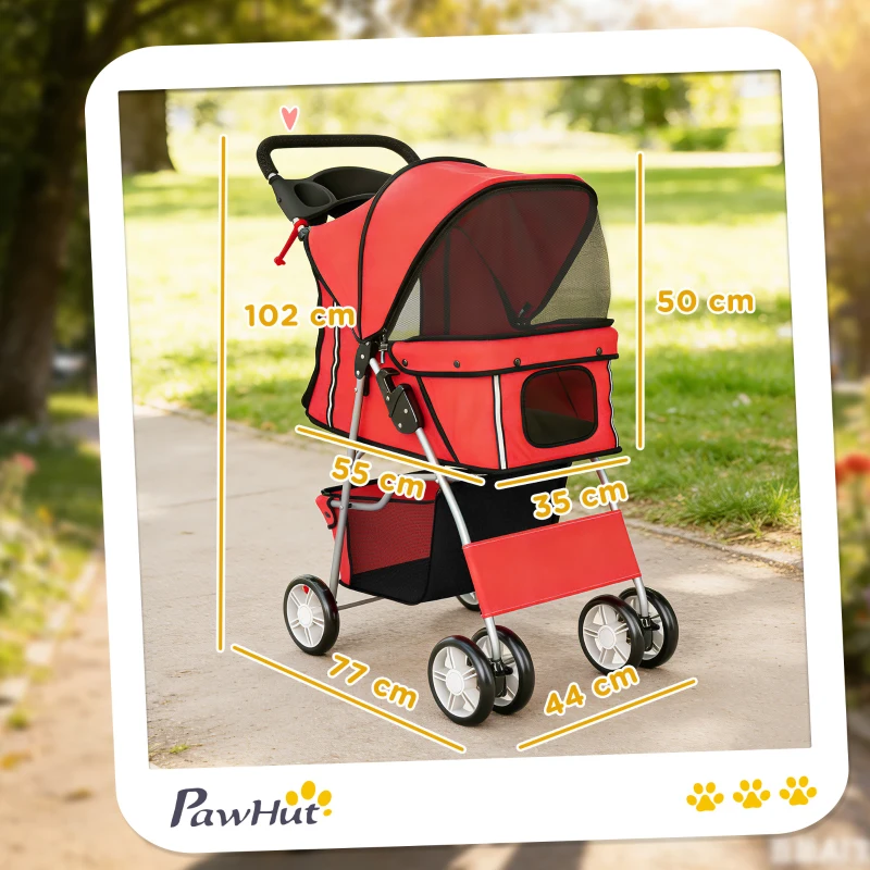PawHut Dog Pram, Pet Stroller with Reflective Strips, Foldable Cat Stroller with 360° Swivel Wheels, Red