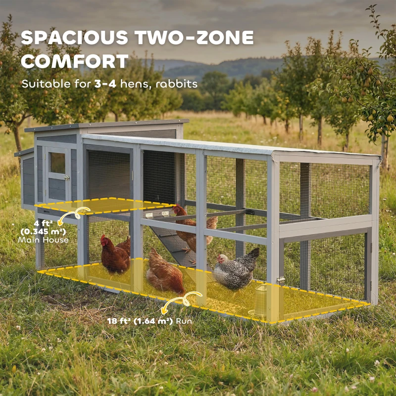 PawHut Large Chicken Coop, Wooden Hen House with Covered Run, Nesting Box, Pull-Out Tray, Opening Asphalt Roof, Grey