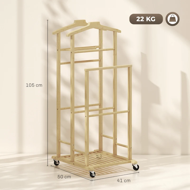HOMCOM Bamboe kledingrek op wielen, compact, met hangers, ophangstangen, opbergvak en onderrek, eikenlook