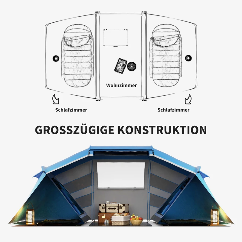Outsunny kampeertent 4 Personen Familie Met Slaapcabines Ruime Voor Groepen Tunneltent, Blauw
