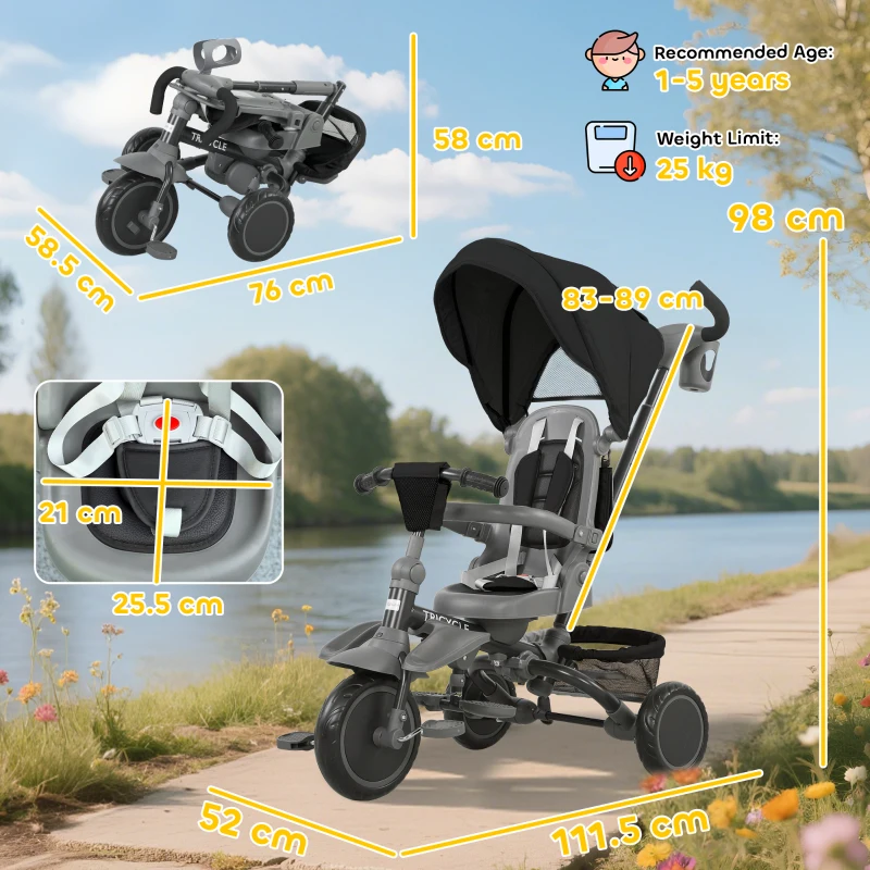 AIYAPLAY 6 in 1 Foldable Kids Trike with Adjustable Parent Handle & Canopy for Ages 1-5, Black