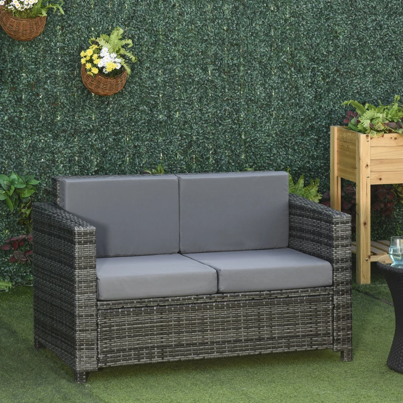 Outsunny Poly-Rattan Sofa mit Kissen 2-Sitzer Garten Loungesofa Metall Polyester Grau 130 x 70 x 80 cm
