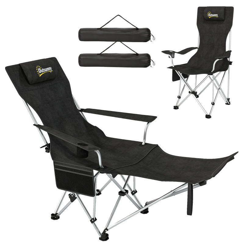 Outsunny Set van 2 Opvouwbare Campingstoelen met Afneembare Voetsteun en Bekerhouder, Belastbaar tot 120 kg - Zwart