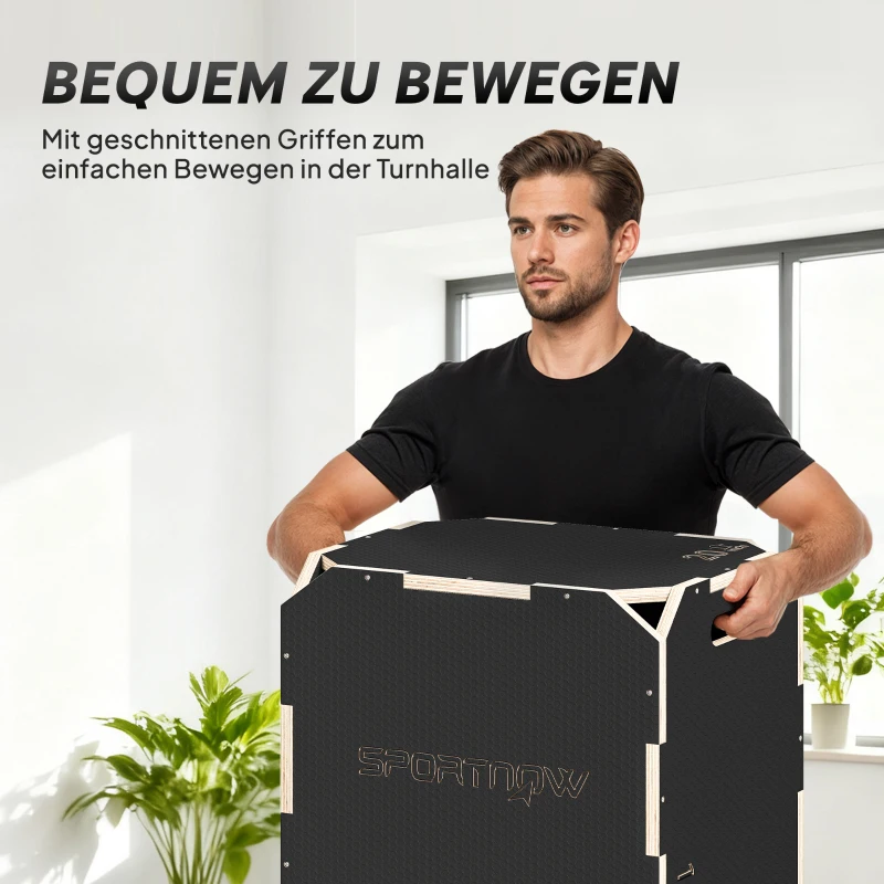 SPORTNOW Sprungbox, kantenfreie Ecken, Sperrholz, höhenverstellbar, Seitengriffe, Schwarz