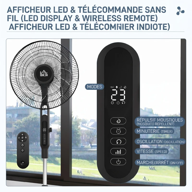 HOMCOM Standventilator leise mit Fernbedienung, 3 Modi, 28 Geschwindigkeiten, Mückenschutz & Oszillation, Schwarz