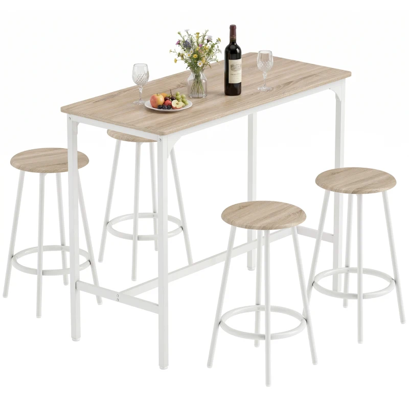 HOMCOM Ensemble table de bar 5 pièces pour 4 personnes, table haute de style industriel avec tabourets pour cuisine & salle à manger, chêne