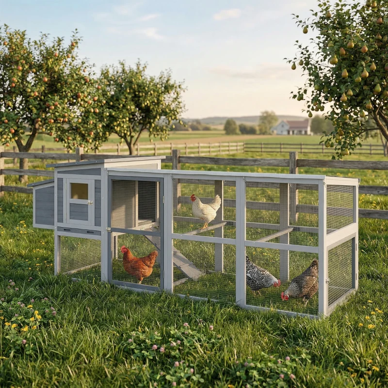 PawHut Large Chicken Coop, Wooden Hen House with Covered Run, Nesting Box, Pull-Out Tray, Opening Asphalt Roof, Grey