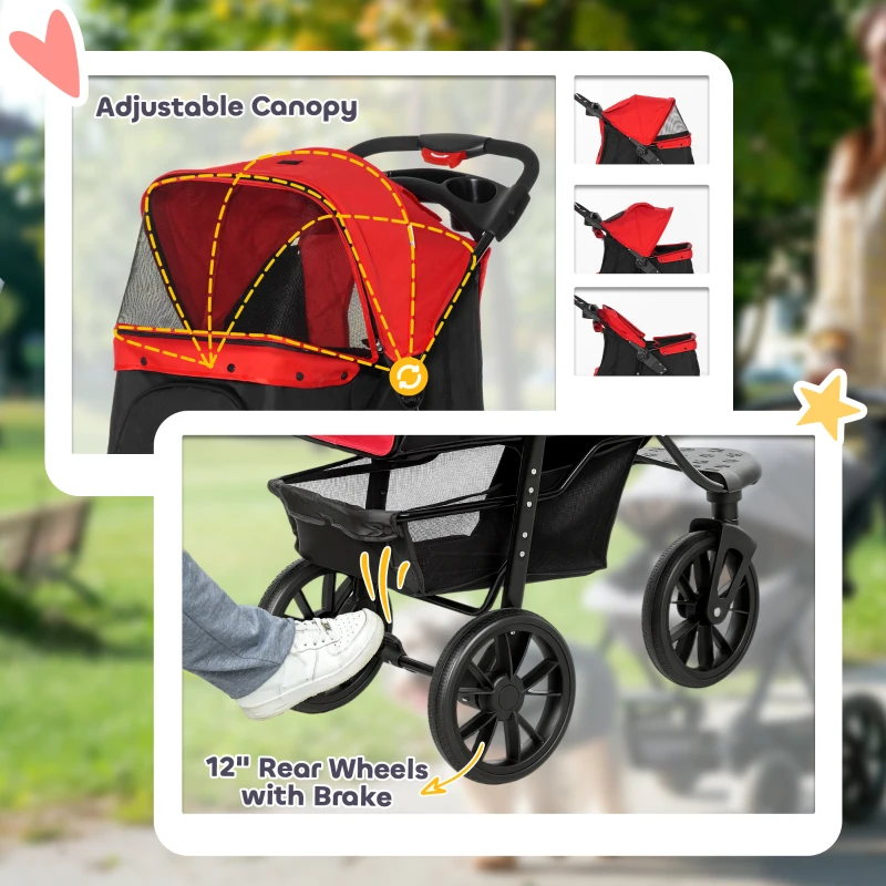 PawHut Dog Stroller Foldable Pet Pram for Small Miniature Breeds, Cats, 3 Wheels Dog Pushchair with Brake, Cupholder, Red