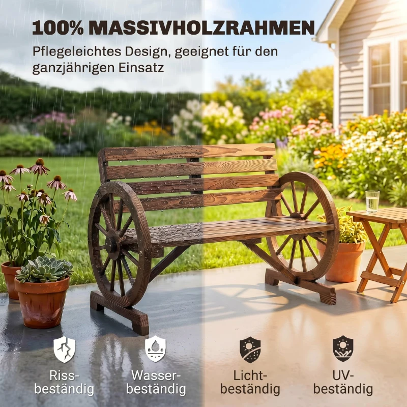Outsunny tuinbank, ontwerp met wagenwiel, voor 2 personen, natuurlijk hout, donkerbruin, 105,5 x 56 x 79 cm(m-4)