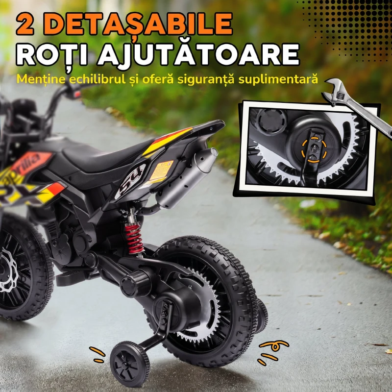 AIYAPLAY Motocicletă Electrică pentru Copii 3-8 Ani, 2 Motoare 12V, Roți Ajutătoare Detașabile, 30 kg, Galben