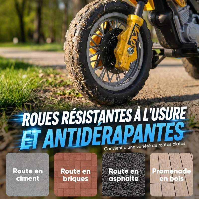HOMCOM Moto électrique enfants, moto cross pour enfants avec batterie 6 V, phares, musiques et roues d'entraînement, 3 à 6 ans, charge 25KG, jaune et noir