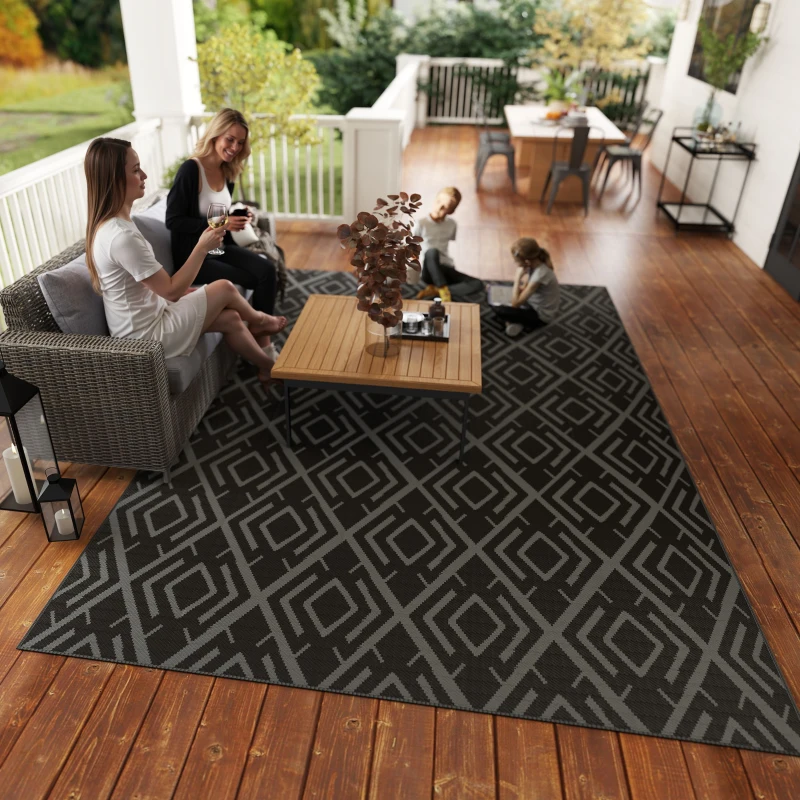 Outsunny Alfombra de Exterior Reversible 182x274 cm con Patrón Geométrico de Rombos Impermeable Bolsa de Transporte Negro
