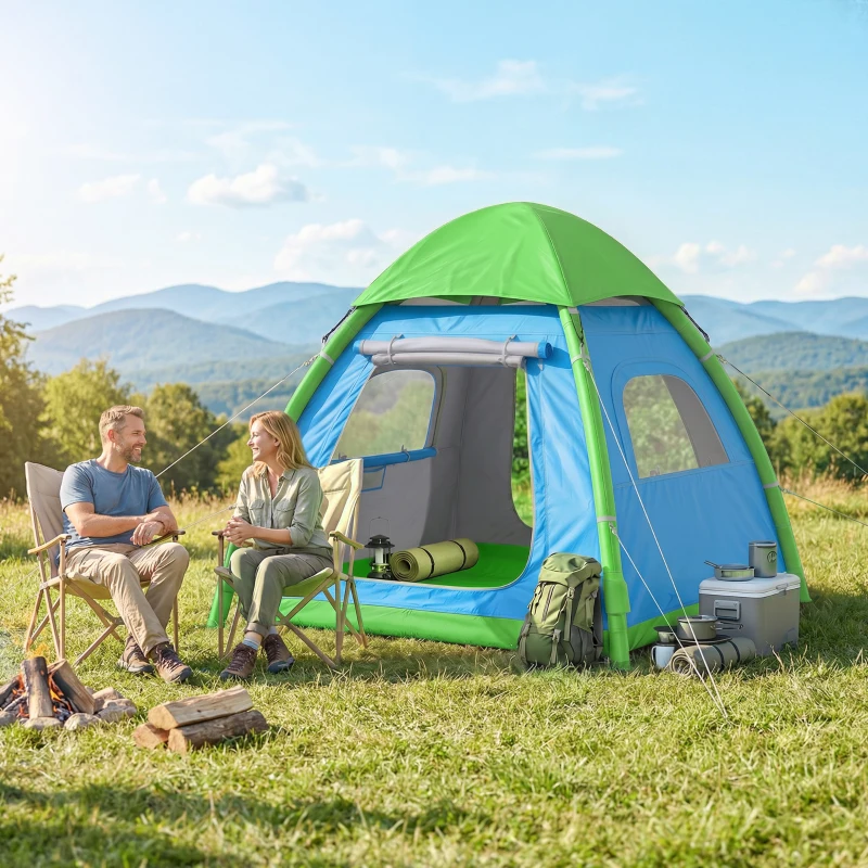 Outsunny Aufblasbares Zelt 3 Personen Schneller Aufbau Outdoor Camping Zelt mit Luftpumpe Meshfenster abnehmbar Dach