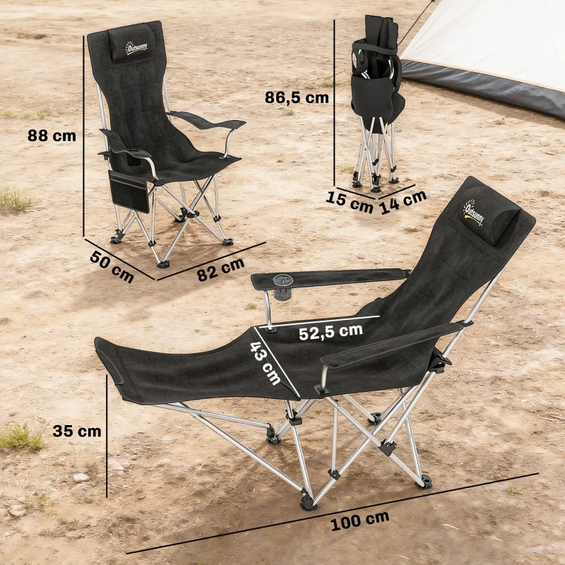 Outsunny Set van 2 Opvouwbare Campingstoelen met Afneembare Voetsteun en Bekerhouder, Belastbaar tot 120 kg - Zwart