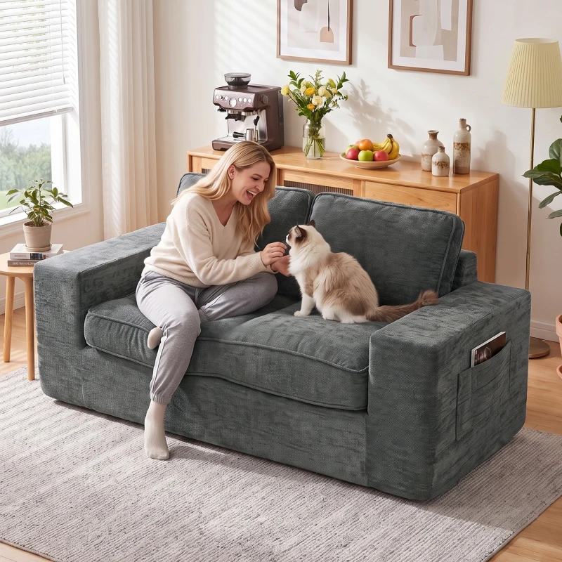 HOMCOM Sofá 2 Plazas en Chenilla, Sofá de Salón 156 cm, Asiento y Reposabrazos Anchos Acolchados, 2 Cojines, Gris