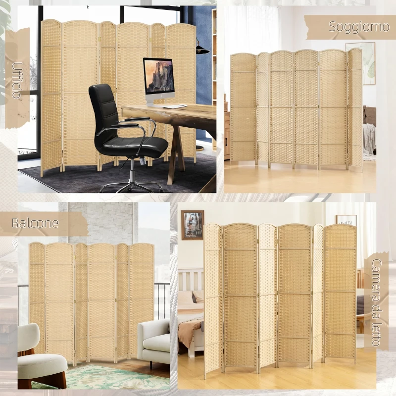 HOMCOM Paravento Divisorio da Interni Pieghevole a 6 Ante Intrecciato, 240x170 cm, Beige
