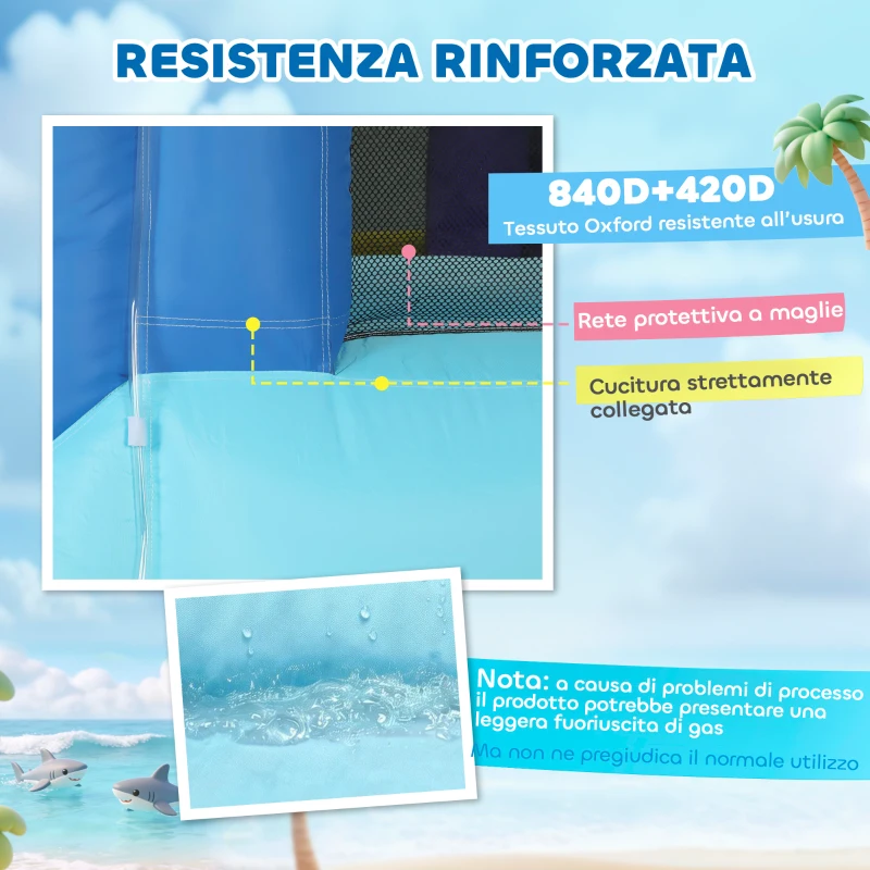 AIYAPLAY Castello Gonfiabile con Scivolo, Parete da Arrampicata, Porta, Piscina e Canestro, 405x345x235 cm, Blu e Giallo