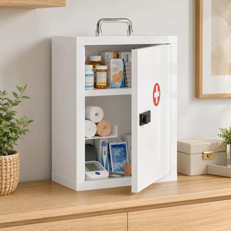 HOMCOM Armadietto medicinali da parete con serratura a combinazione e 3 livelli, bianco
