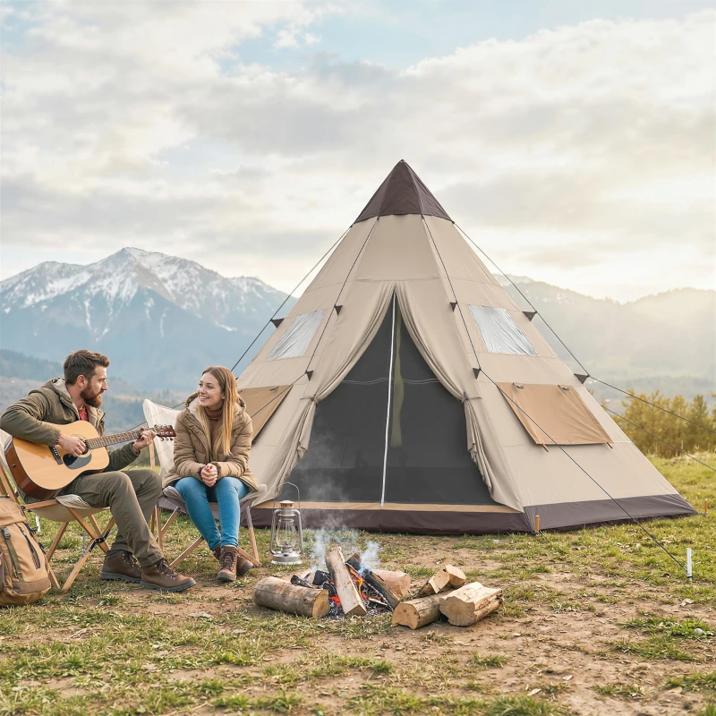 Outsunny 6 Men Tipi Tent with Carry Bag - Khaki