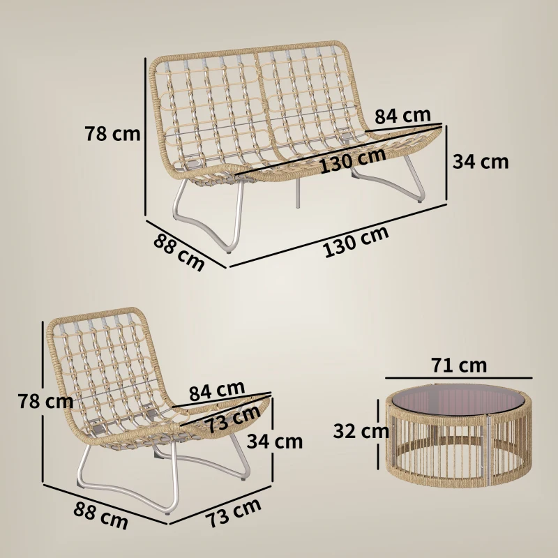 Outsunny Gartenmöbel Set 4-teilig Polyrattan Lounge-Set mit Zweisitzer 2 Sessel Glastisch Breitem & Tiefem Sitz Dicke Kissen
