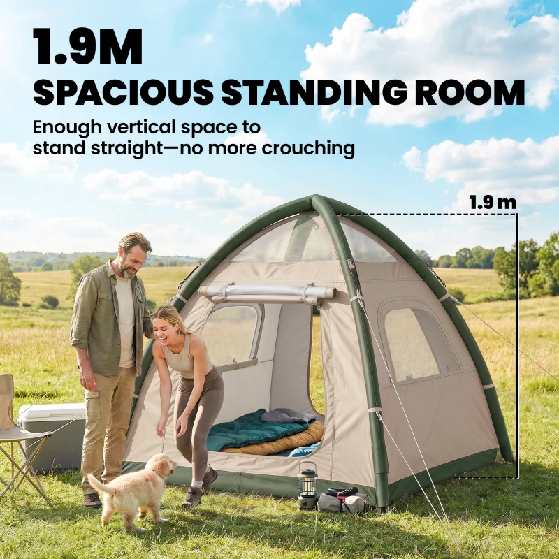 Outsunny Inflatable Camping Tent with Rainfly, 3 Man Air Tent 3000mm Waterproof Blow Up Tents, Beige