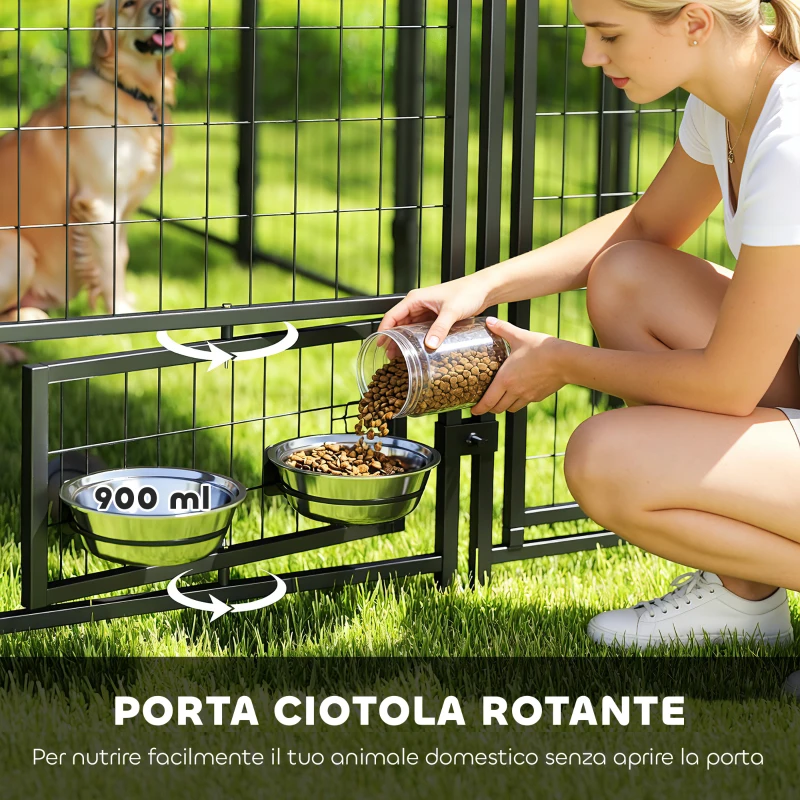PawHut Recinto per Cani da Esterno in Acciaio con 2 Ciotole Girevoli e Tetto in Tessuto Oxford, 244x122x183 cm, Verde