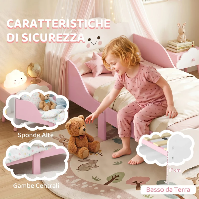 AIYAPLAY Letto Montessori per Bambini 3-6 Anni in Legno con Bordi Rialzati e Stampe Carine, per Cameretta, Rosa