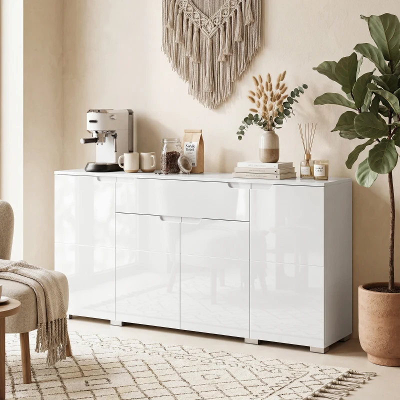 HOMCOM Hochglanz-Sideboard, moderne Kommode mit 4 Türen und verstellbaren Einlegeböden, Soft-Close-Funktion, Weiß