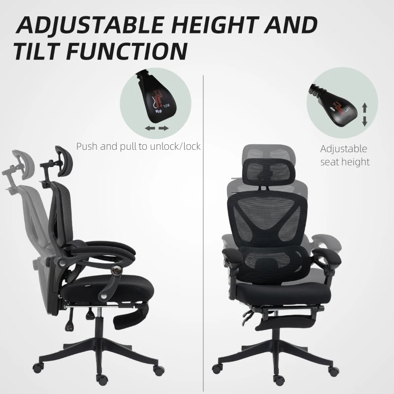 HOMCOM Chaise Bureau Ergonomique avec Appui-Tête Réglable, Fauteuil de Bureau Inclinable en Maille, Dossier Séparé, Noir