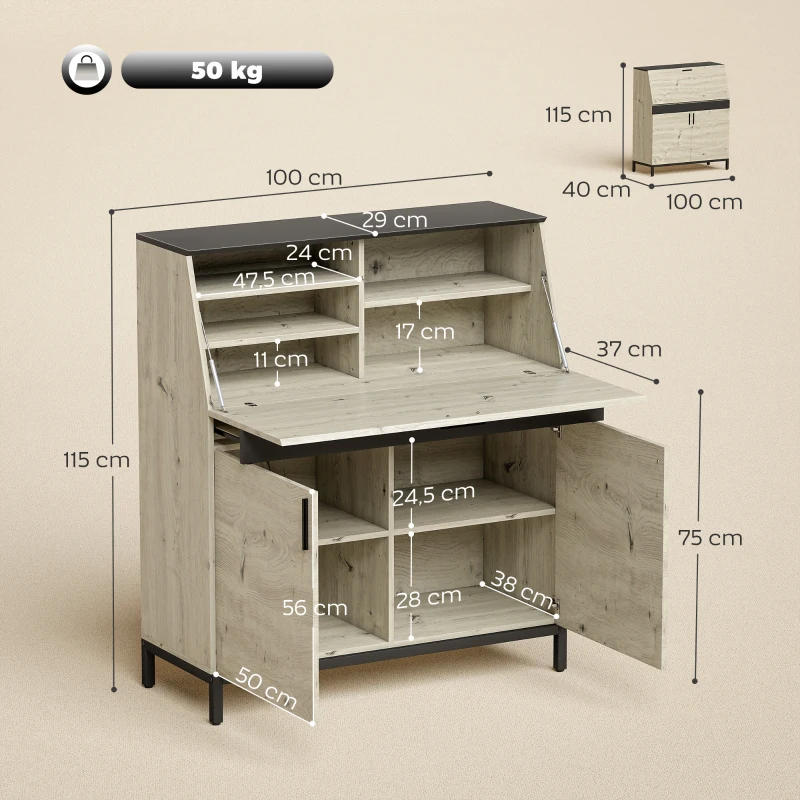 HOMCOM Industrieller Sekretär-Schreibtisch mit Regalen und Metallrahmen 100 cm Naturholz und Schwarz