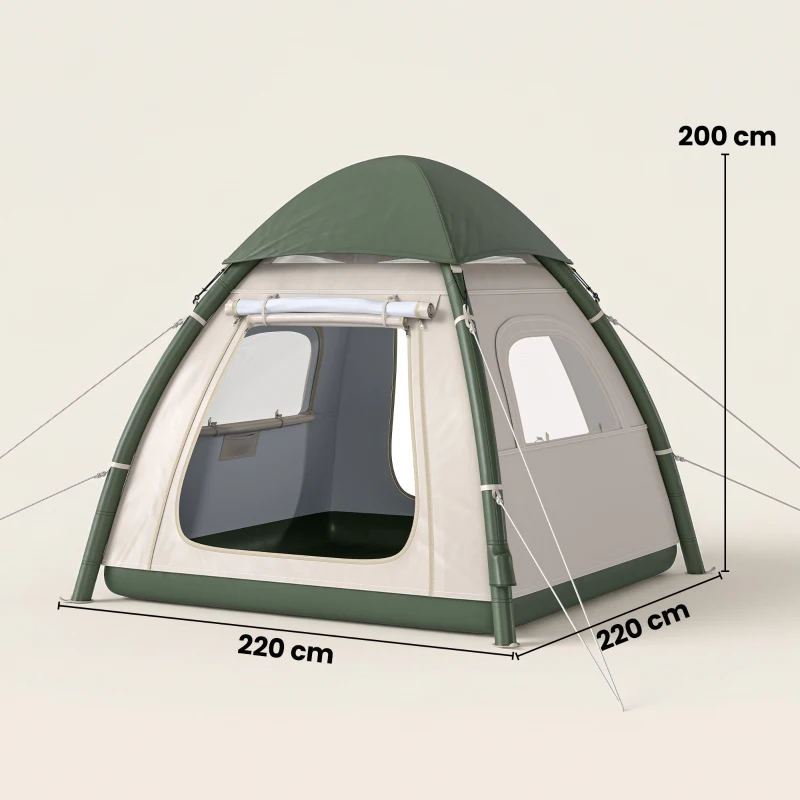 Outsunny Inflatable Camping Tent with Rainfly, 3 Man Air Tent 3000mm Waterproof Blow Up Tents, Beige