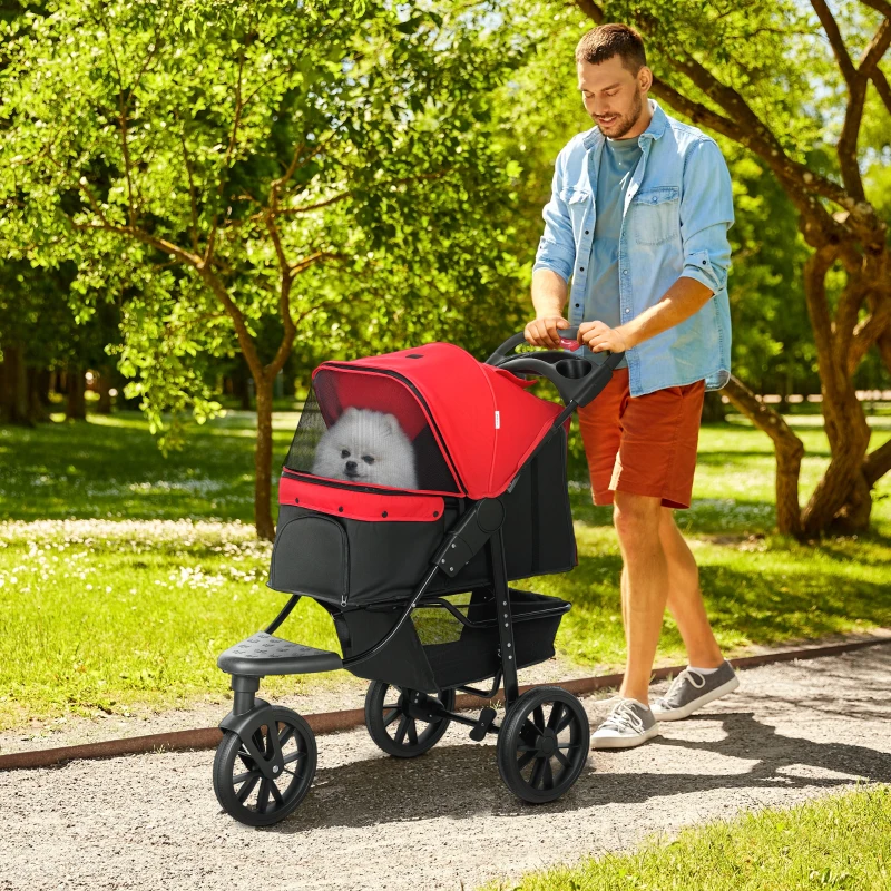PawHut Dog Stroller Foldable Pet Pram for Small Miniature Breeds, Cats, 3 Wheels Dog Pushchair with Brake, Cupholder, Red