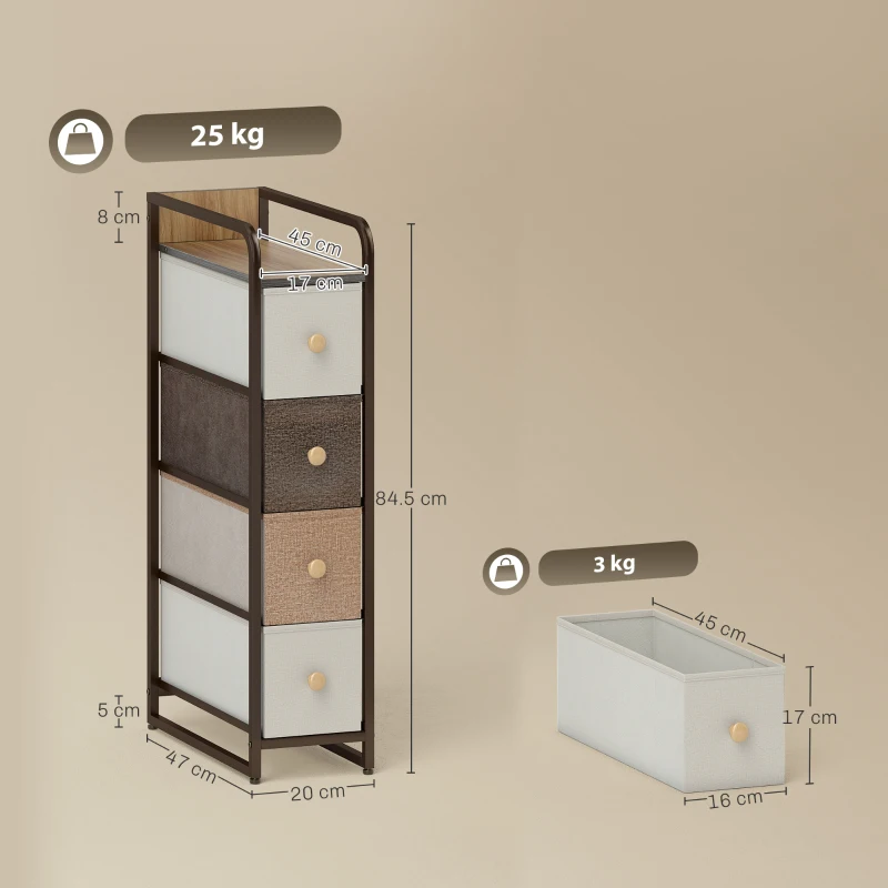 HOMCOM 4-Drawer Storage Organiser Unit, Chest of Drawers with Steel Frame for Bedroom, Living Room, Mixed-Brown