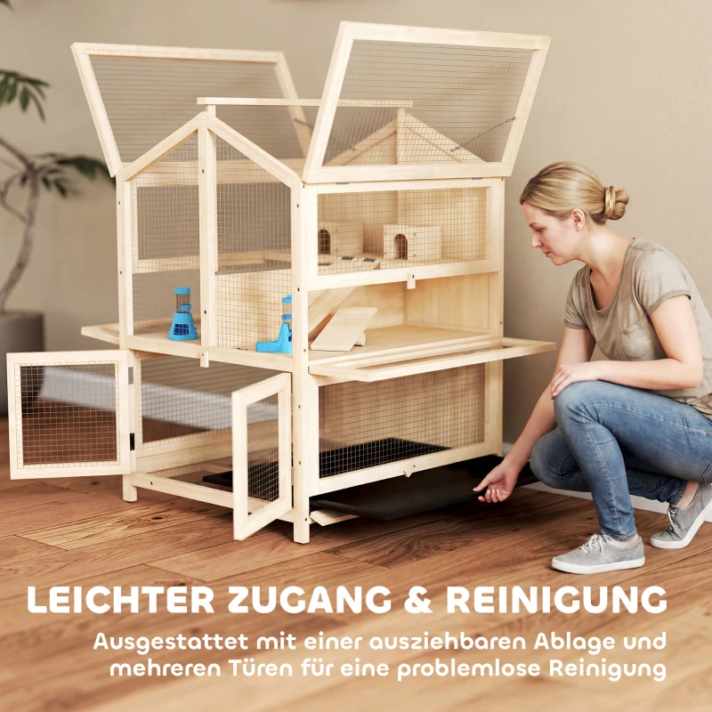 PawHut Hamsterkäfig aus Holz 3 Etagen Nagerkäfig Kleintierkäfig mit Hütten Wippen Rampen Wasserschalen 68x61,5x90 cm Naturholz