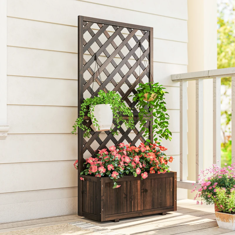 Outsunny Garden Planter with Trellis, 45L Raised Bed for Climbing Plants, Vines, Flowers, Outdoor Planter Box for Patio, 72.5 x 31.5 x 149.5 cm, Carbonised Finish