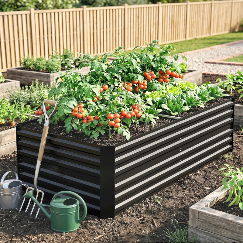 Outsunny Raised Beds for Garden, Galvanised Steel Outdoor Planters with Multi-reinforced Rods, 180 x 90 x 59 cm, Black