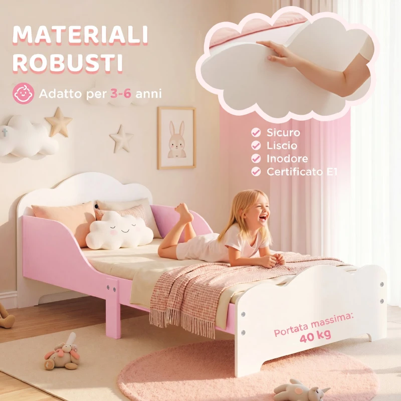 AIYAPLAY Letto Montessori per Bambini 3-6 Anni in Legno con Bordi Rialzati e Stampe Carine, per Cameretta, Rosa
