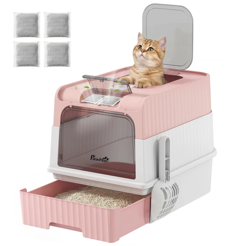 PawHut Bac à Litière Fermé M avec Couvercle, Bac Extractible, Pelle, 4 Sachets Désodorisants, Rose