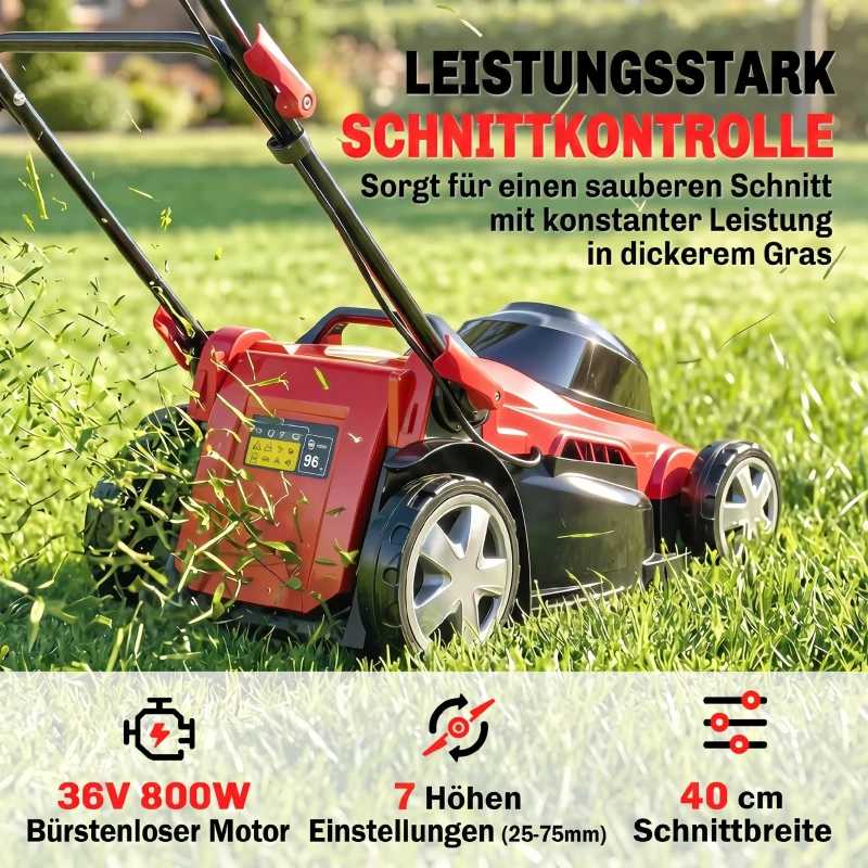 Outsunny Elektro Rasenmäher 800 W mit 40 cm Schnittbreite 45L Fangkorb Akkuanzeige Überlastschutz 7 Schnitthöhen