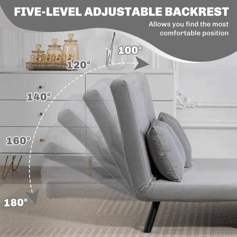 HOMCOM Divano letto 3 in 1 effetto velluto con schienale regolabile e 2 cuscini, grigio chiaro