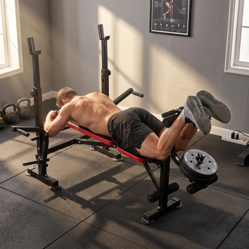 HOMCOM Hantelbank zonder Gewichten, Verstelbare Fitnessbank voor Tal van Oefeningen, Workout-Station, Staal, Kunststof, Zwart+Rood