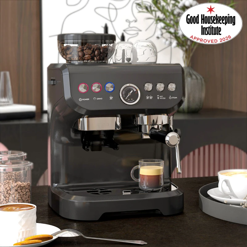 HOMCOM 15 Bar Coffee Machine, with Adjustable Grind, Steamer and Accessories - Black