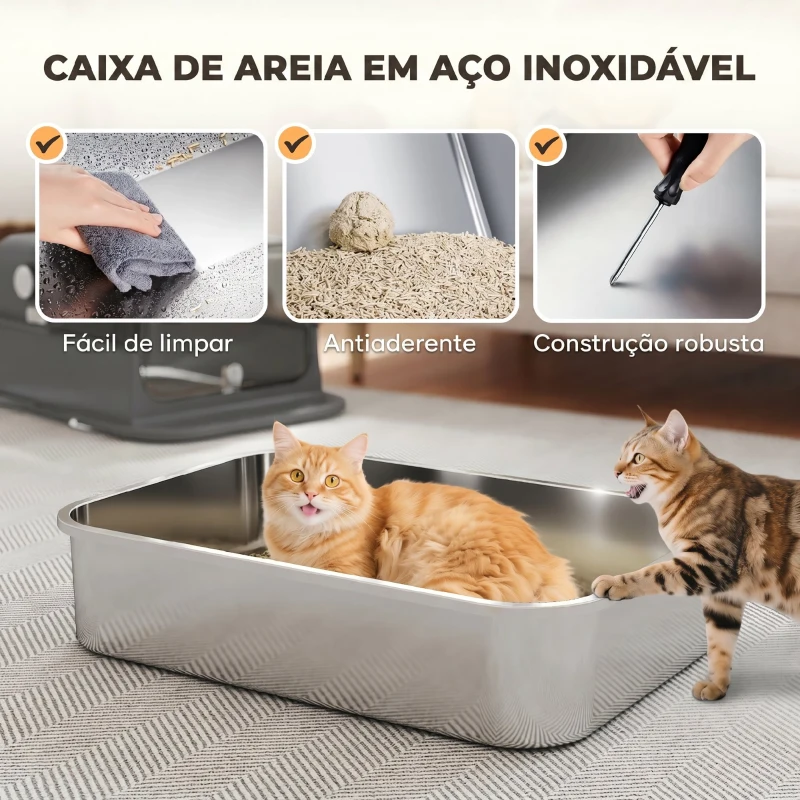 PawHut Caixa de Areia para Gatos XXL em Aço Inoxidável com Tampa Basculante, Laterais Altas, Entrada Superior, Pá, Preto
