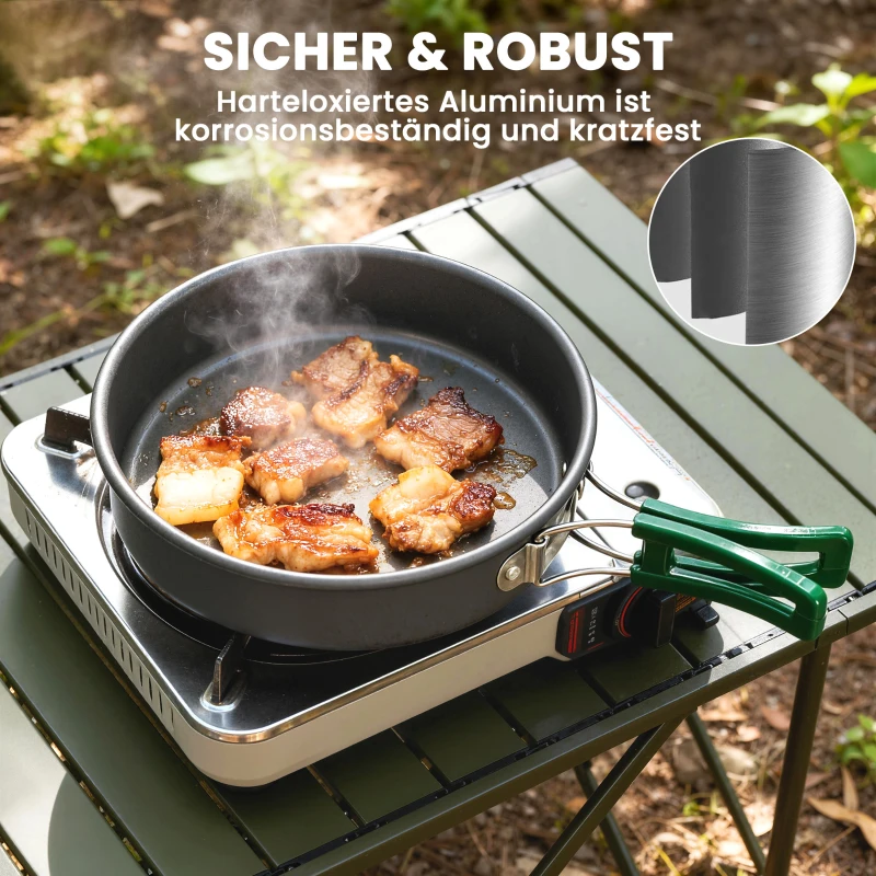 Outsunny Camping kookset 5-delig outdoor serviesset met anti-verbrandingsgrepen pan koekenpan voor 4-5 personen grijs